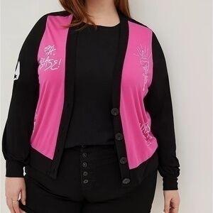 Torrid Lovesick Button Front Cardigan Super Soft Black & Pink